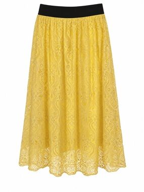 LuLaRoe Yellow Lace Midi Skirt with Black Waistband